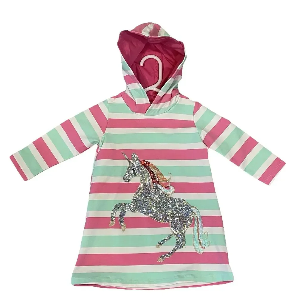 Girls Dress Sequin 4T Unicorn‎ Colorful Rainbow Hoodie Long Sleeve Stretch